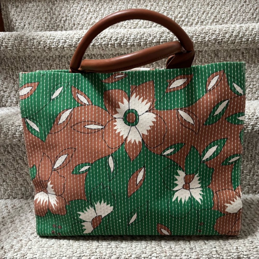 Neiman Marcus Floral Green and Brown Tote Bag - Picture 2 of 10